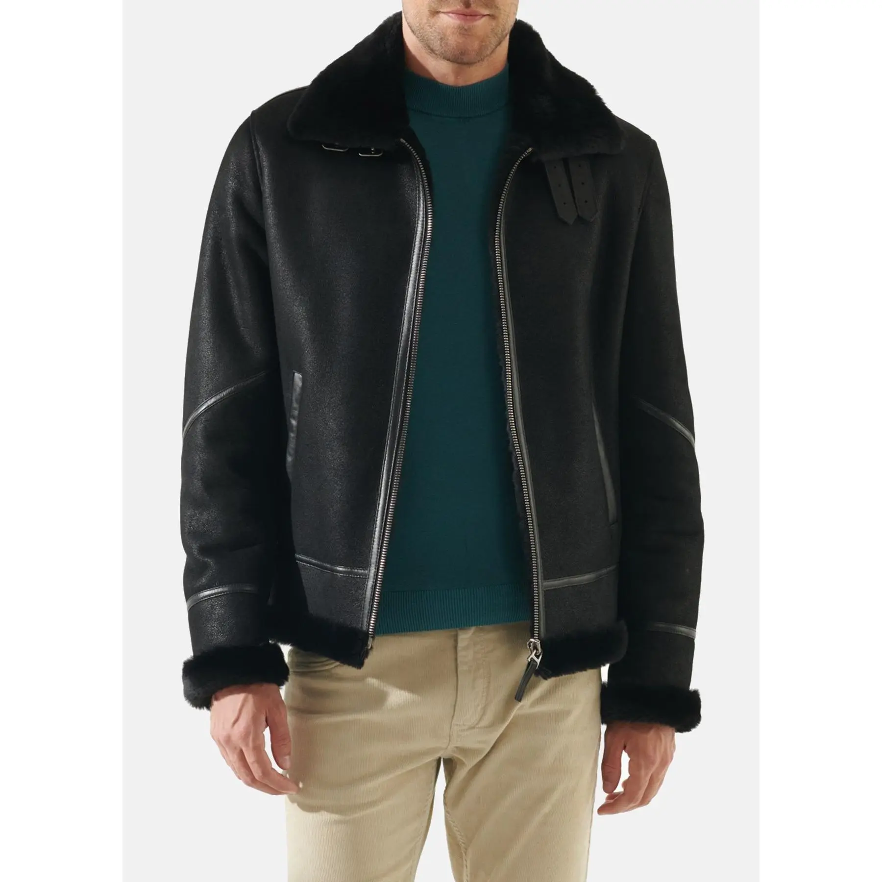 Mens Jet Black Shearling Leather Jacket
