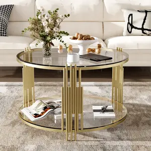 Gold Glass Coffee Table Round Modern Living Room Table, Luxury Stainless Steel Irregular Leg Tempered Glass, Circle Sofa Center Table for Home Office, 31.5" Clear