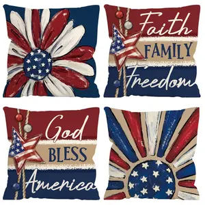 4PCS July 4th God Bless America Pillowcase, Star-Spangled Banner Freedom of Faith Patriotic Style Sofa Cushion Cover, Home Independence Day Decoration