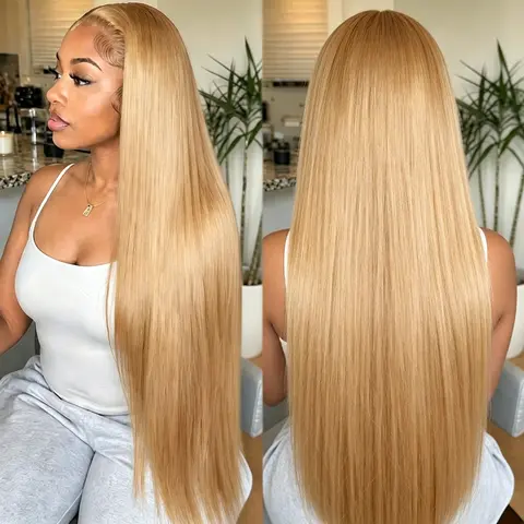 #27 Honey Blonde Straight 13x6 Lace Front Human Hair Wig Pre Plucked For Women #350 Orange Colored Body Wave Wigs 180% Density