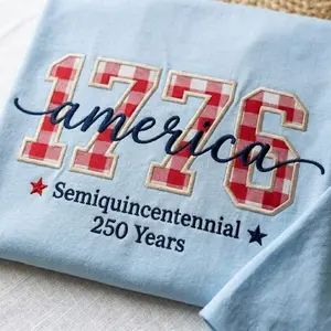 Embroidered Varsity 1776 Applique Shirt, Happy 250th Birthday Crewneck, Gingham USA Applique Tee, Semiquincentennial Gift