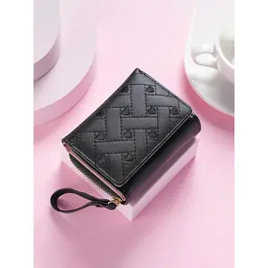 Cute Women's PU Leather Quilted Wallet with Heart Embroidery Small Zipper Purse Credit Card Holder Coin Pocket ID Window Gift Bifold Wallets