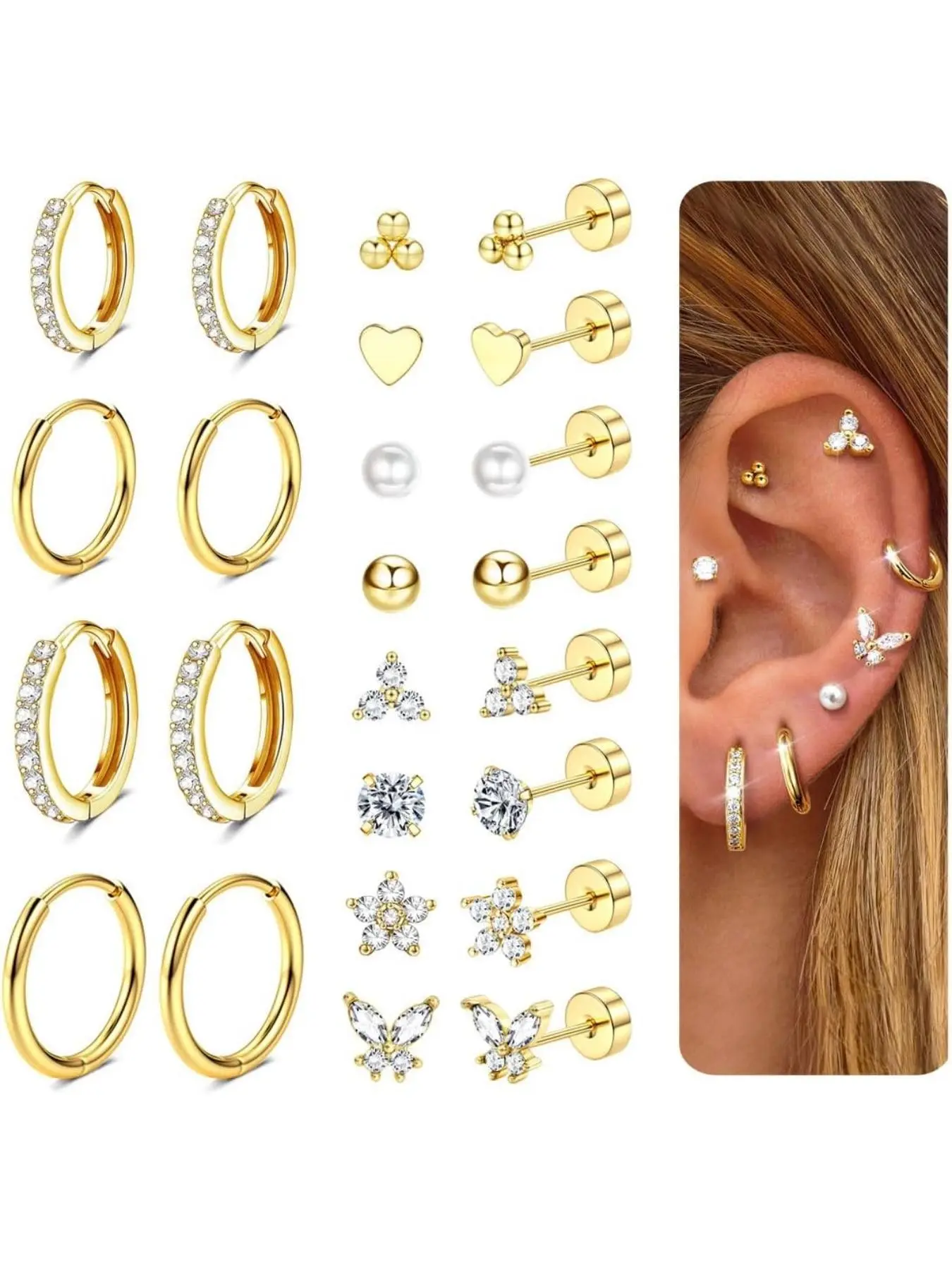 12Pairs Flat Back Earrings for Women Men Hypoallergenic Surgical Steel Earrings for Sensitive Ears 14K Gold Hoop Stud Sleeper Earrings Flatback Cartilage Tragus Helix Piercing Earrings Stud Earrings Jewelry Hoop Shape Earrings