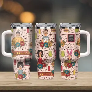 40oz Stainless Steel Insulated Water Bottle - Family Cartoon Burgers Travel Mug with Lid for Drink Storage