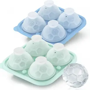 Round Ice Cube Tray with Lid, Large Silicone Sphere Ice Mold with Soccer Ball Shaped, 4 Cavities Big Circle Ice Cube Molds for Whiskey/Cocktail/Fruit Drinks/Ice Cream/Wax Melt/Candle