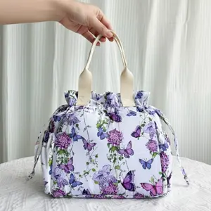 Purple Butterfly Print Insulated Lunch Bag for Women, Large Capacity Waterproof Drawstring Tote, Stylish Thermal Picnic Bag for Work, School, Travel & Outdoor Meals