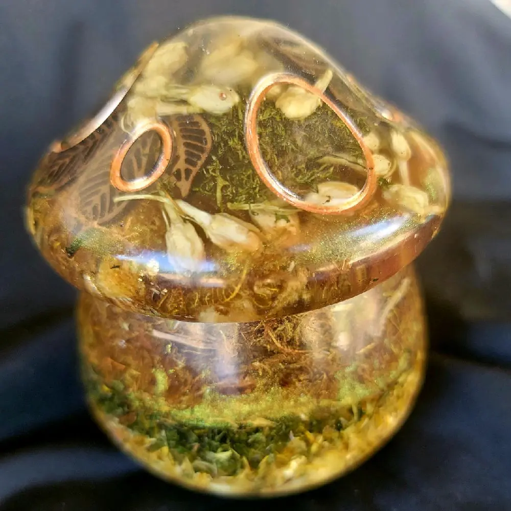 Resin Mushroom Jar with Floral Design Embedded Jasmine Seeds Green Moss Crushed Orange Lilies Sage & Wooden Cutouts Earthy Scent Decorative Container