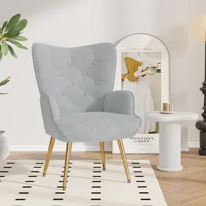 Soft Gray Velvet Upholstered Armchair - Mid Century Modern Tufted Accent Chair with Sturdy Metal Legs, High Back Wingback Chair for Cozy Reading Nook, Bedroom, Living Room