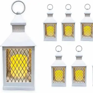 12-Pc Farmhouse Lantern Set - 10'' LED Candle Lanterns with 5 hr Timer for Indoor & Outdoor Decor - White Metal Design with Yellow LED Lights