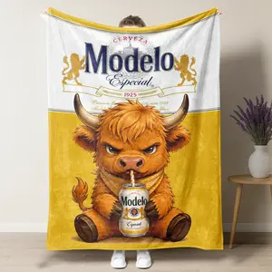 Modelo Especial Highland Cow Flannel Blanket,'Cerveza Modelo' Beer Label Inspired Throw,Grumpy Cow Drinking Modelo Flannel Blanket for Beer Lovers,summervibes