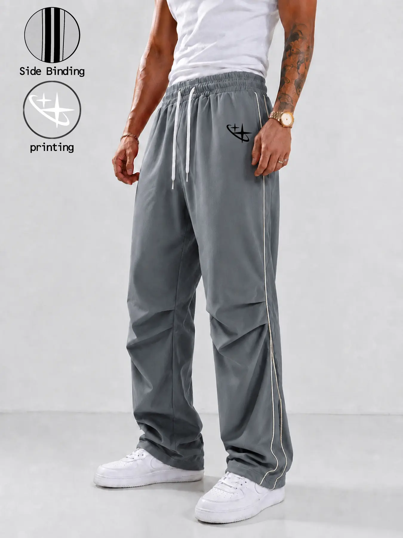 Men's Wide Leg Track Pants in a Baggy Streetwear Fit, Featuring a Graphic Print, Side Stripe Binding, and Elastic Drawstring Waist, Outdoor Fun, Printing