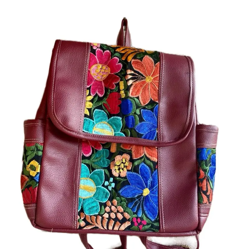 Artisanal Embroidered Backpack with Floral Design and Adjustable Strap