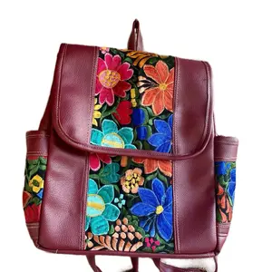 Artisanal Embroidered Backpack with Floral Design and Adjustable Strap