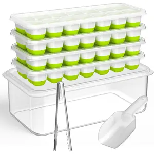 ice Cube Tray with Lid and Bin, 4 Pack Silicone Plastic Ice Cube Trays for Freezer with Ice Box, Ice Trays with Ice Container, Stackable Ice Tray with Storage Ice Bucket Kits,Ice Tong,Ice Scoop
