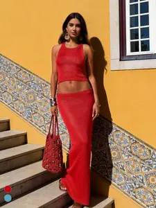 EDOLYNSA Red Sleeveless Short Knitted Two-Piece Set Fashionable Women's Long Skirt Sparkle Thread Elegant Outfit Casual Elastic Waist Transparent beach Wear Womenswear K68