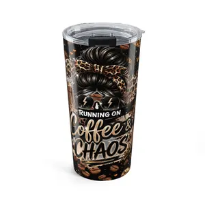 Running on Coffee & Chaos Tumbler | Mothers day Cup | Messy Bun Leopard Print Design | Gift for Moms, Busy Moms, Coffee Lovers