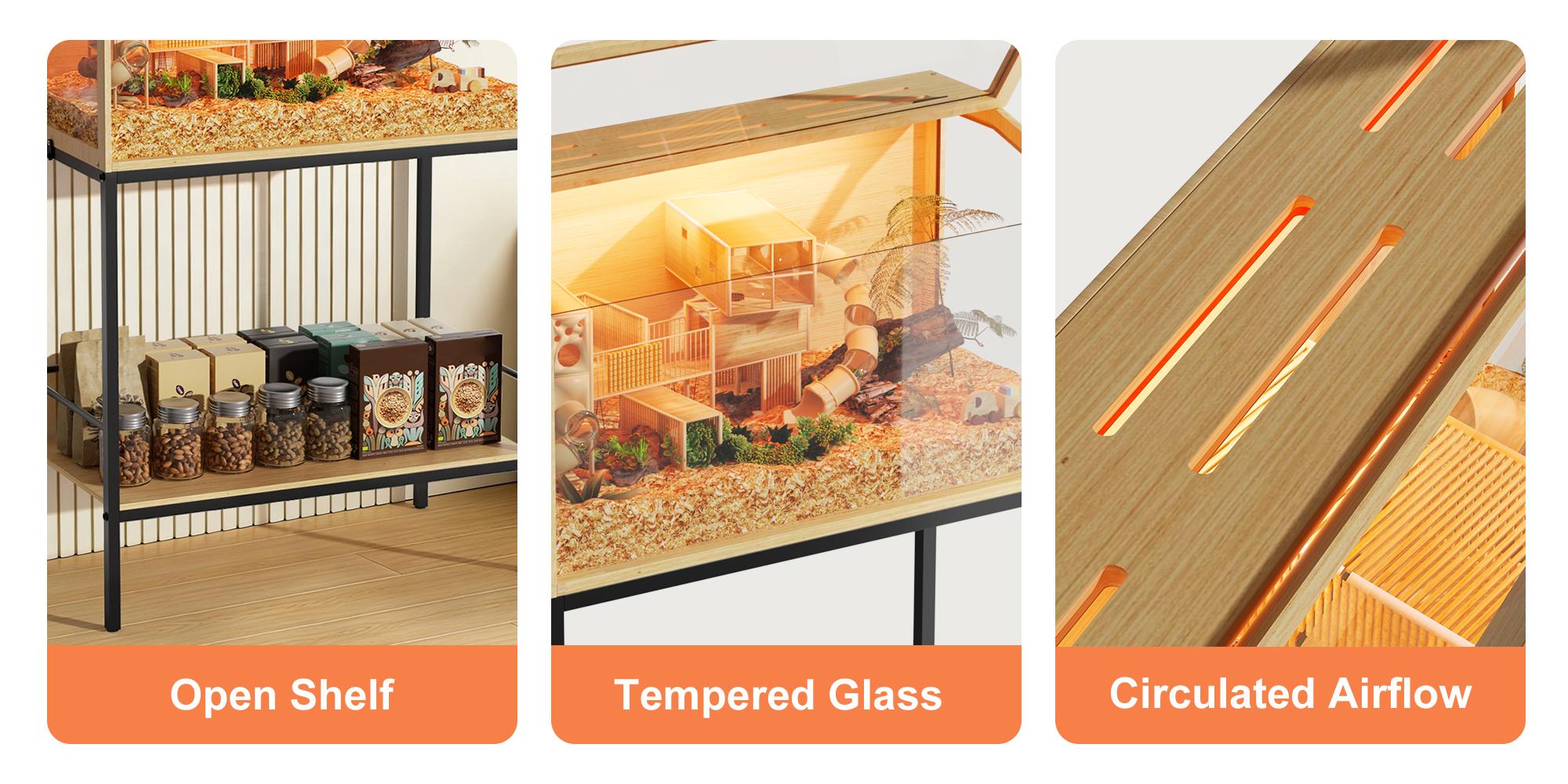 Bingopaw Modern Hamster Cage with Storage Shelf and LED Light, Chewproof Glass Hamster Cage, Clear Tempered Glass Modern Habitat with Top Opening Wide 31.5” (Excluding Interior Decor)