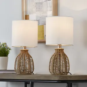 Boho Small Table Lamps Set Of 2 Rustic Rattan Lights