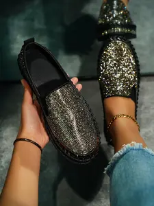 Women's Fashionable Glitter Rhinestone Decorated Slip on PU Leather Loafers, Casual Comfortable Low Top Shoes for Daily Wear, Lightweight Breathable Shoes for Women & Girls