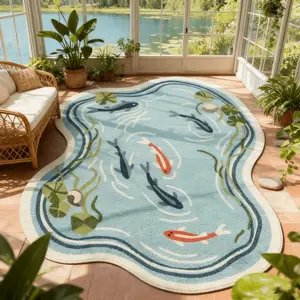 Modern Leaf Koi Pond Print Carpet, Luxury Art Style Plush Rug, Large Area Sofa Coffee Table Mat, Easy Clean, Living Room Bedroom Balcony