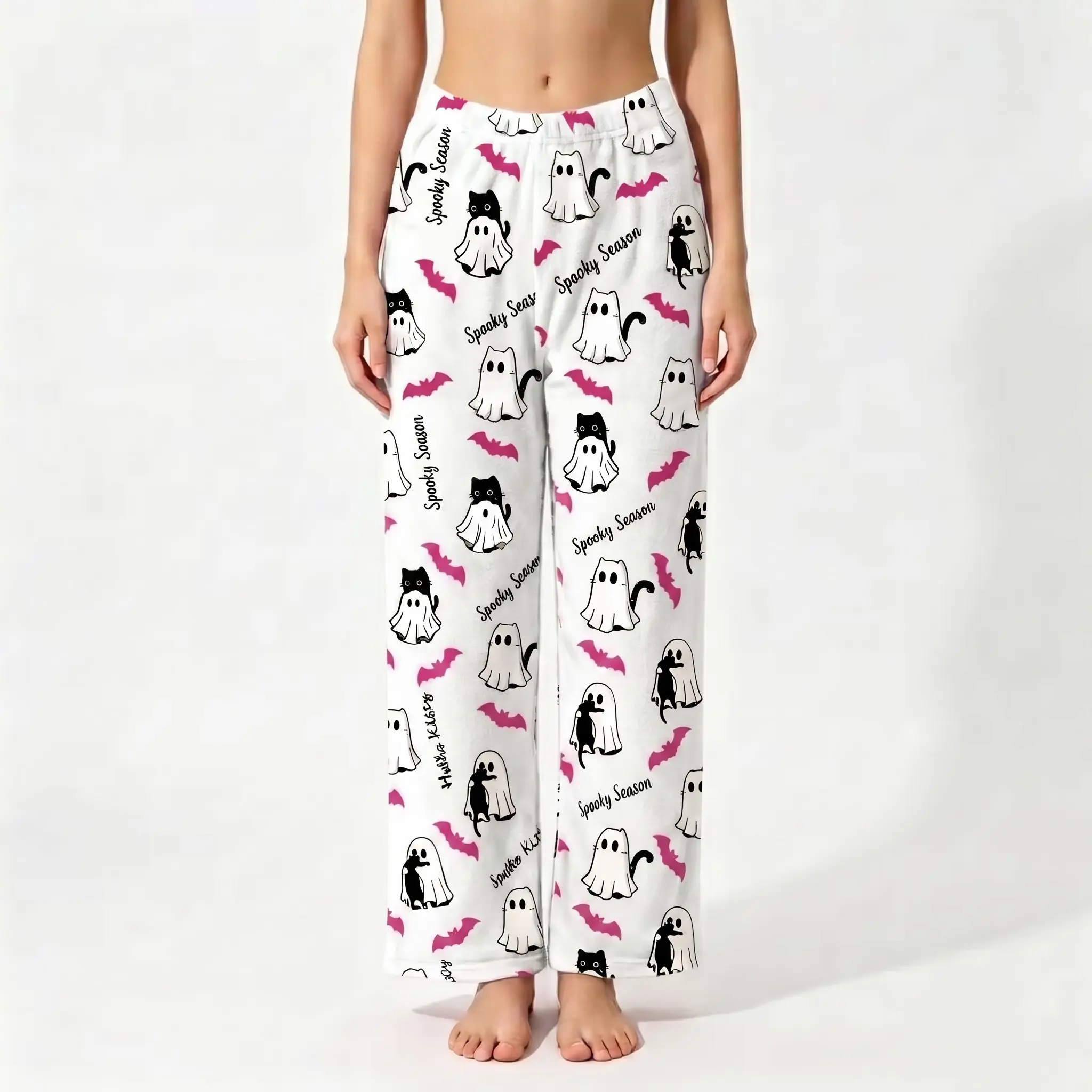 Women's Halloween-Themed White Pajama Pants with Ghost and Cat Patterns, Comfortable Womenswear Sleepwear Bottoms