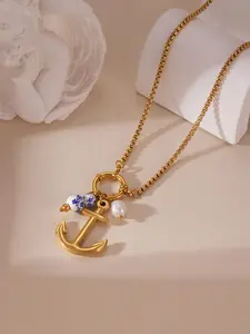 Women's Lucky Anchor Gold Chain Necklace with Blue Beads Symbolic Nautical Jewelry for Good Fortune Beautiful and Meaningful