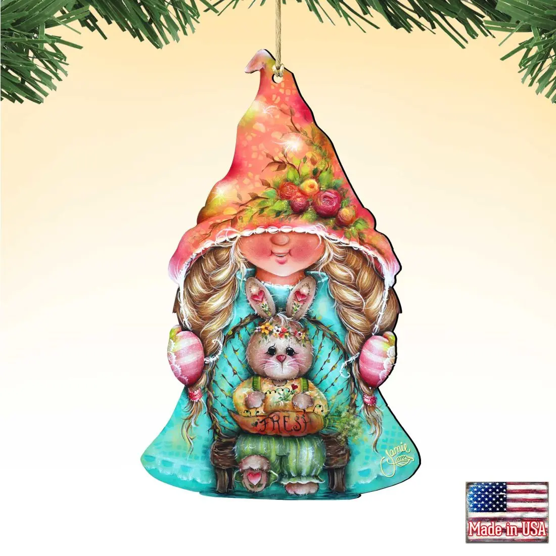 Designocracy 8457610-S2 Cute Festive Gnome Girl with Bunny Ears Hanging Ornaments - 5 x 5.5 in., Set of 2, Gift-Worthy Festive Decor for Home, Outdoor Display & Gift Bag