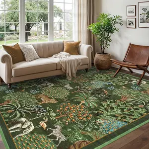 10x13 Runner Rug for Hallway, Washable Floral Throw Rug, Modern Jungle Animal Non Slip Indoor Mat, for Entryway, Laundry, Kitchen, Dark Green