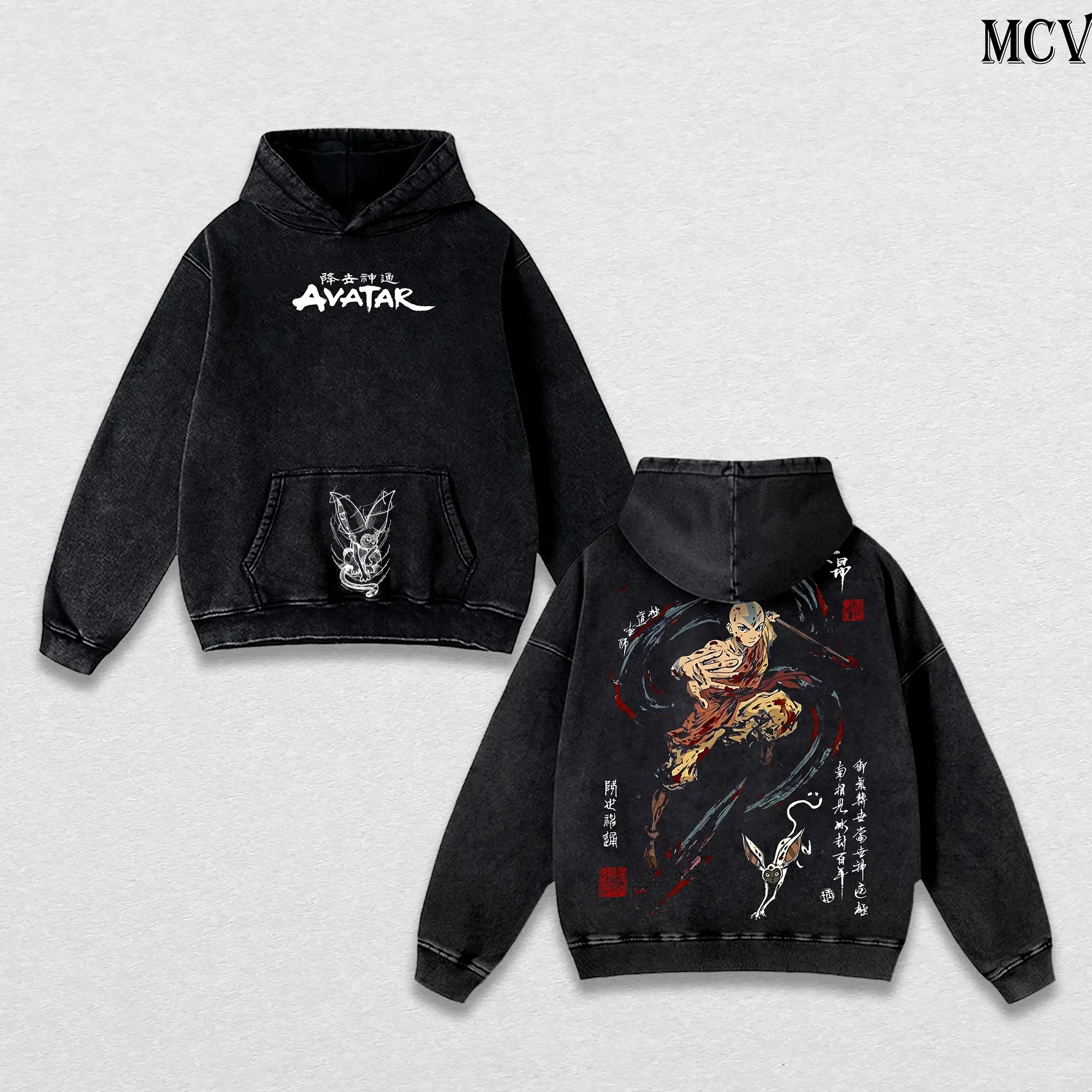 Aang Hoodie Washed – Avatar: The Last Airbender Vintage Washed Heavy Cotton Oversized Hoodie, The Last Air Nomad Anime Manga Double Printed Unisex Streetwear Top, Hoodie & Tee / T-Shirt Option