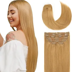 Clip in Hair Extensions Real Human Hair Premium Caramel Blonde Hair Extensions full head coverage straight  clip  ins
