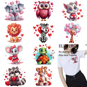 12-Pack Valentine's Day Cartoon Animal Heart Heat Transfer Vinyl Stickers - DIY Iron-on Patches for T-Shirts, Jeans, Hats, Backpacks, Ideal for Home Crafts and Apparel Decoration