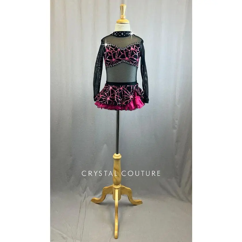 Custom Pink and Black Spiderweb Top and Skirt with Mesh and Rhinestones