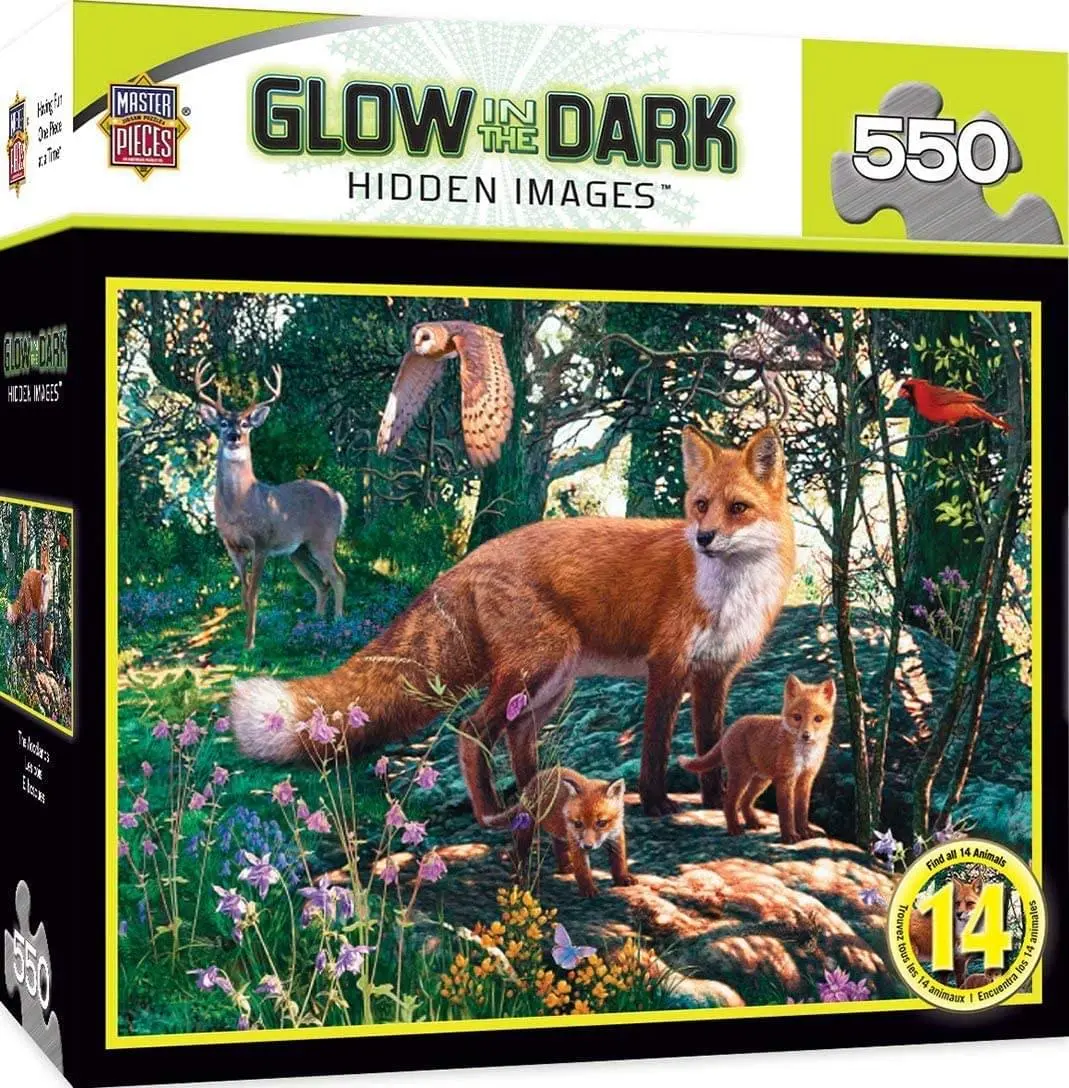 The Woodlands 550-Piece Hidden Images Glow-In-The-Dark Jigsaw Puzzle Game, Family Puzzle for Learning Fun