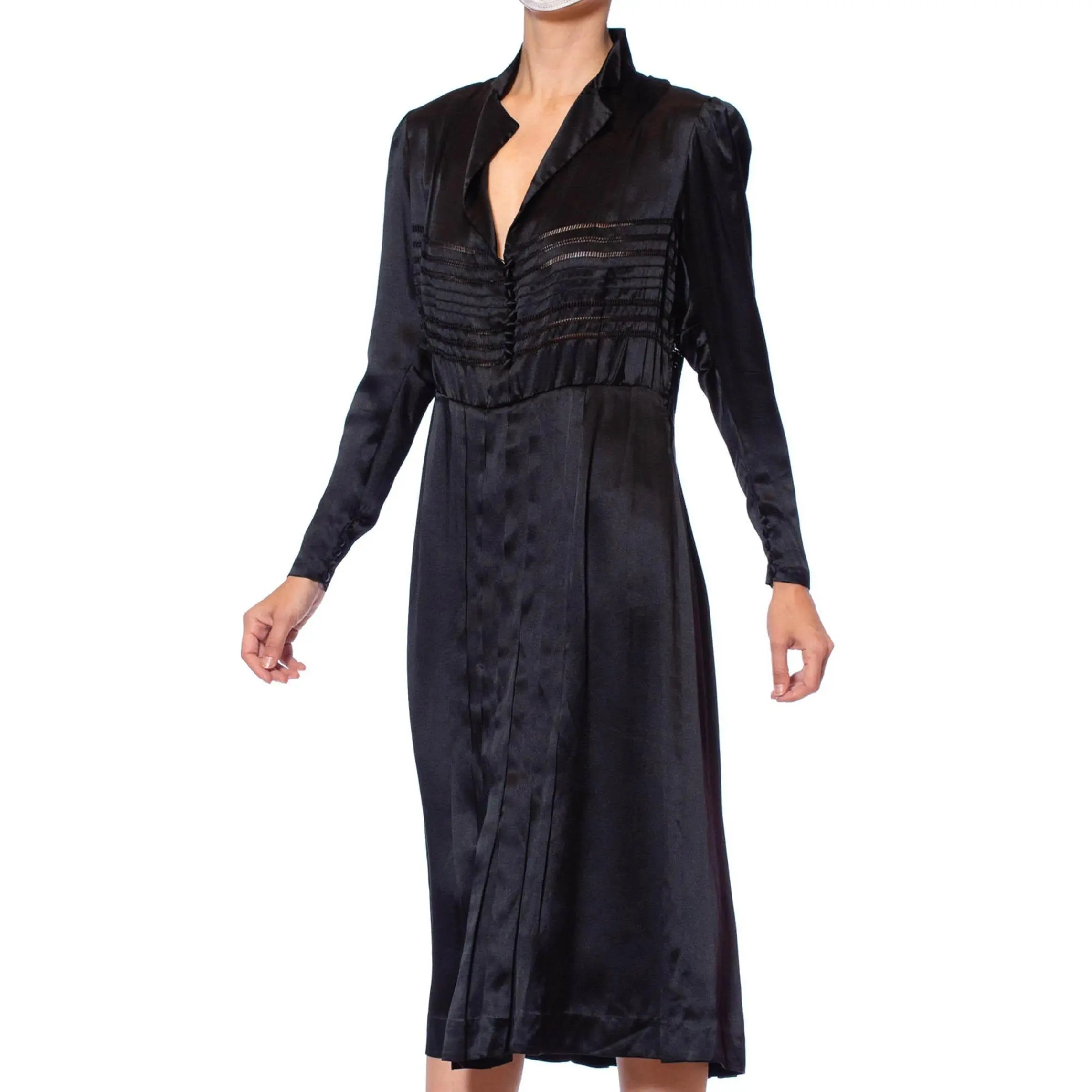 1940'S Black Silk Charmeuse Button Front Couture Detailed Dress From Paris