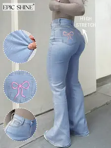 Women's Butterfly Embroidery High-Rise Flare Jeans, Casual Slim Fit Skinny Denim Pants Bottom Suitable for All Seasons