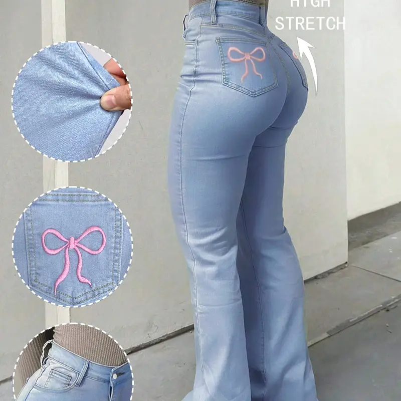Women's Light Wash High-Rise Flare-Leg Jeans, Bottoms, Bowknot Embroidery, Slim-Fit Denim Pants for All Seasons