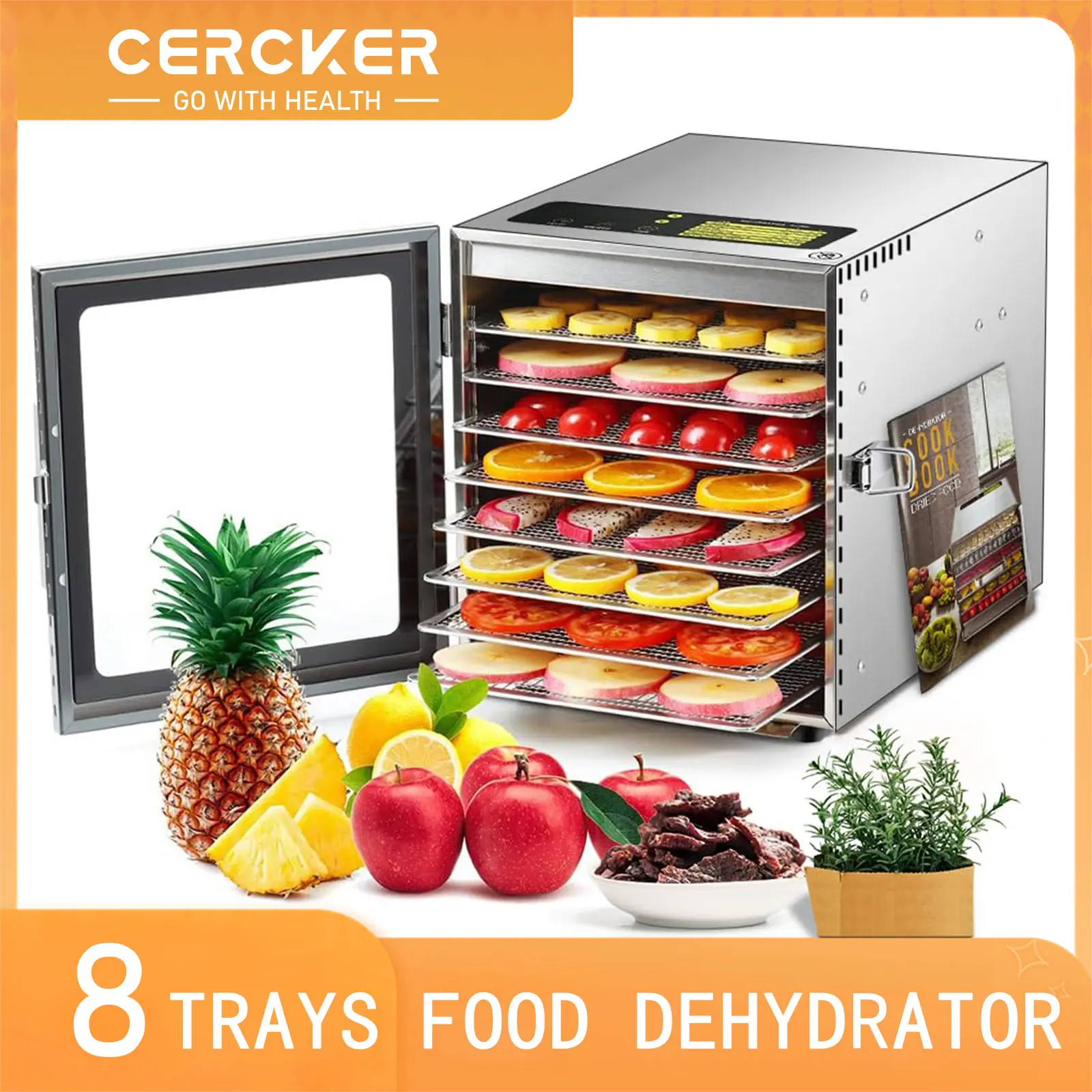 Cercker Food-Dehydrator Machine 8 Stainless Steel Trays, 500W Dehydrator for Herbs, Jerky Dehydrator for Meat, 190ºF Mushroom Dehydrator, 24H Timer Fruits Dehydrator, Veggies, Yogurt & Dog Treats
