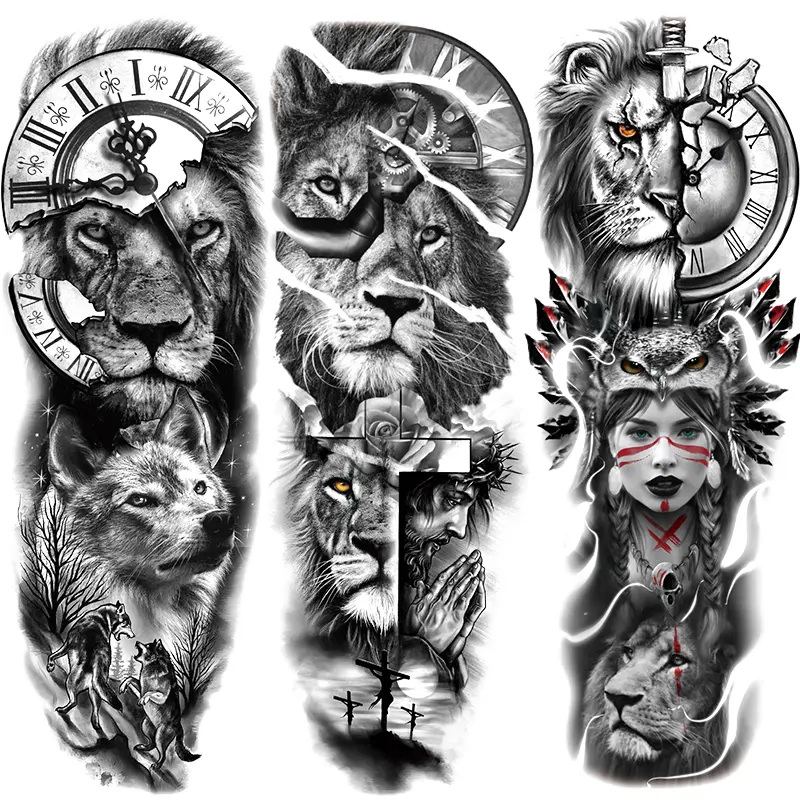 3 Pack Lion and Broken Clock Cross Pattern Temporary Tattoo Stickers For Beginners, Waterproof Tattoos, Ideal for Men and Women, Perfect Gift for Any Occasion