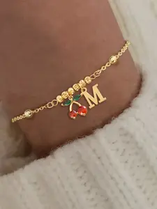 Women's Elegant Stainless Steel Beaded Bracelet, Artificial Crystal Cherry Letter Charm, Simple Classic Design, All Seasons Jewelry
