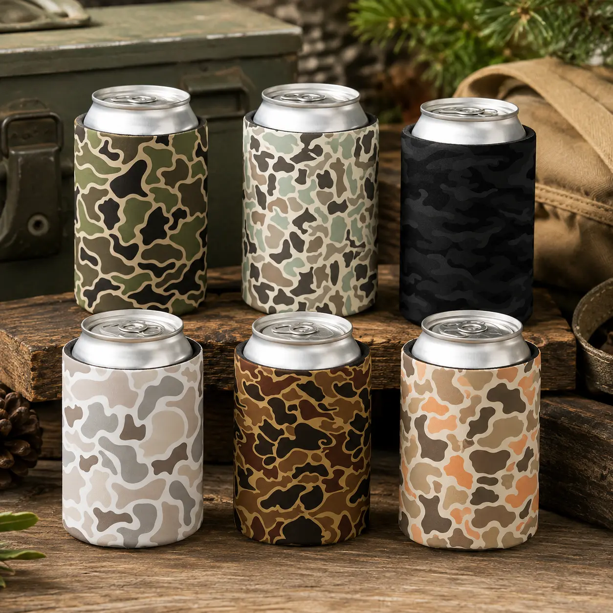 Camo Can Cooler Set – Vintage Duck Camo Drink Sleeve, Insulated Neoprene Beer Can Holder, Hunting Outdoor Beverage Koozie, Men’s Gift