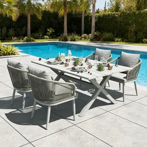 LayinSun Outdoor Patio Dining Set, 63 inchs Aluminium Rectangular Dining Table and Wicker Rattan Chairs Set for Outside Backyard, Poolside