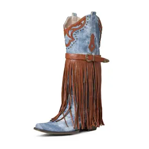 CYNLLIO Fringe Western Boots for Women Cowgirl Fashion Pointed Toe Chunky Heel Embroidered Pull-On Knee High Cowboy Boots Shoes Xmas Gift Ideas