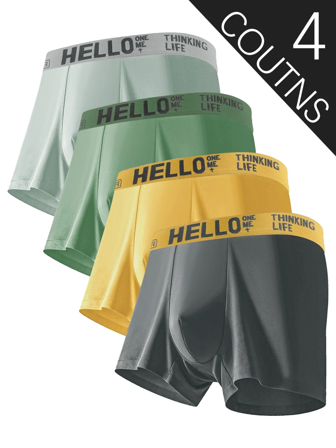 4 pcs men's 'HELLO' flat cornered underwear, Fashionable and comfortable boxer briefs, High elasticity, quick drying sports underwear, suitable home-based, comfortable men's flat underwear, Men's Novel Underwear, Suitable for wearing in all seasons.
