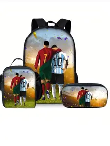 Football Three-Piece Backpack Set, Large Capacity Lightweight Shoulder Bag, Suitable for Students School Commuting Shopping Men, Sports Backpack, Commuter Backpack