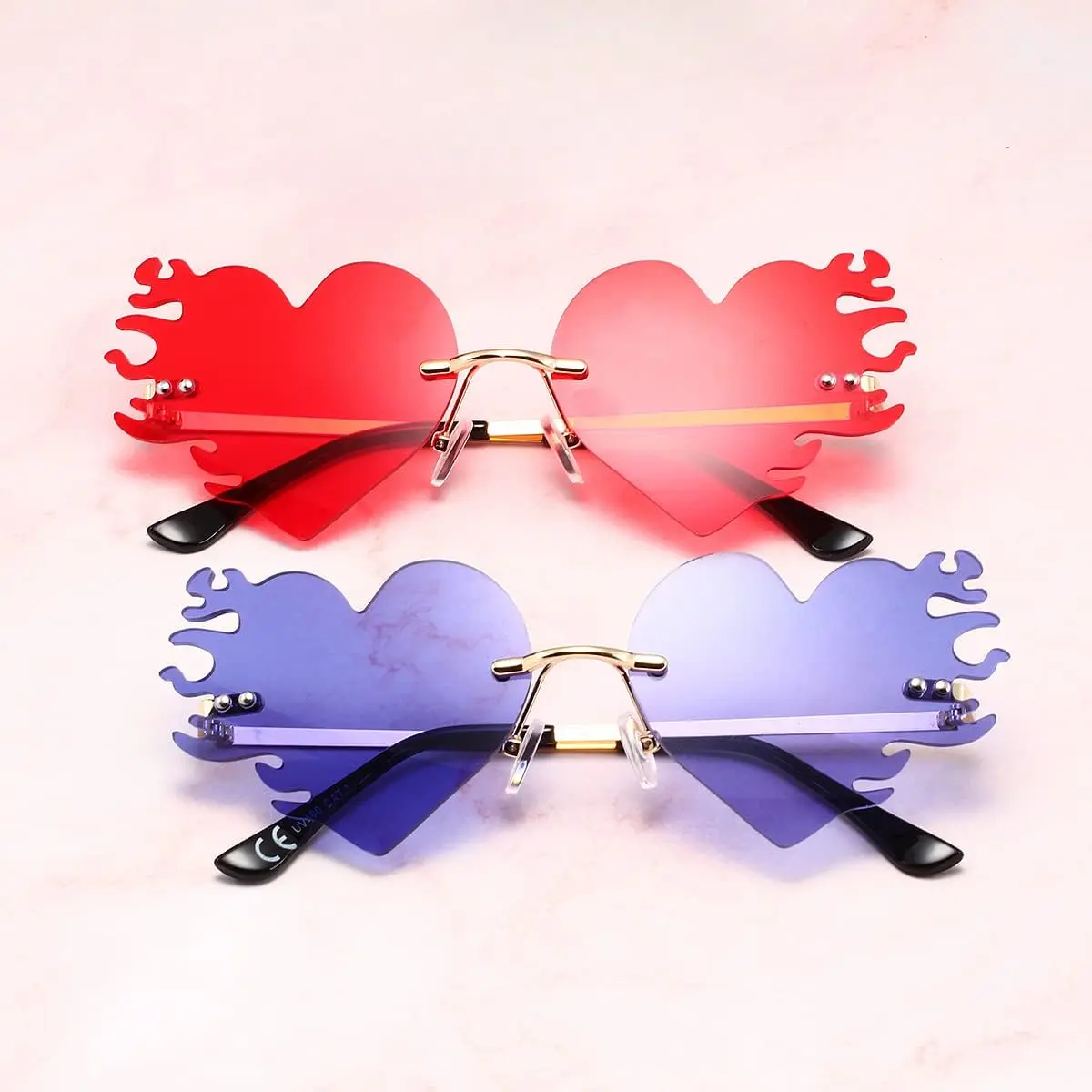 Vintage Heart Shaped Sunglasses for Women Men, Rimless Fire Flame Stainless Steel Frame Accessories, UV400 Glasses for Rave Party & Halloween Gift