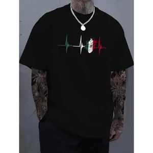 Men's Regular Fit Heartbeat & Mexico Flag Print Round Neck Tee Casual Short Sleeve Crew Neck T-shirt for Summer Fashion Men's Top for Daily Wear Tropical