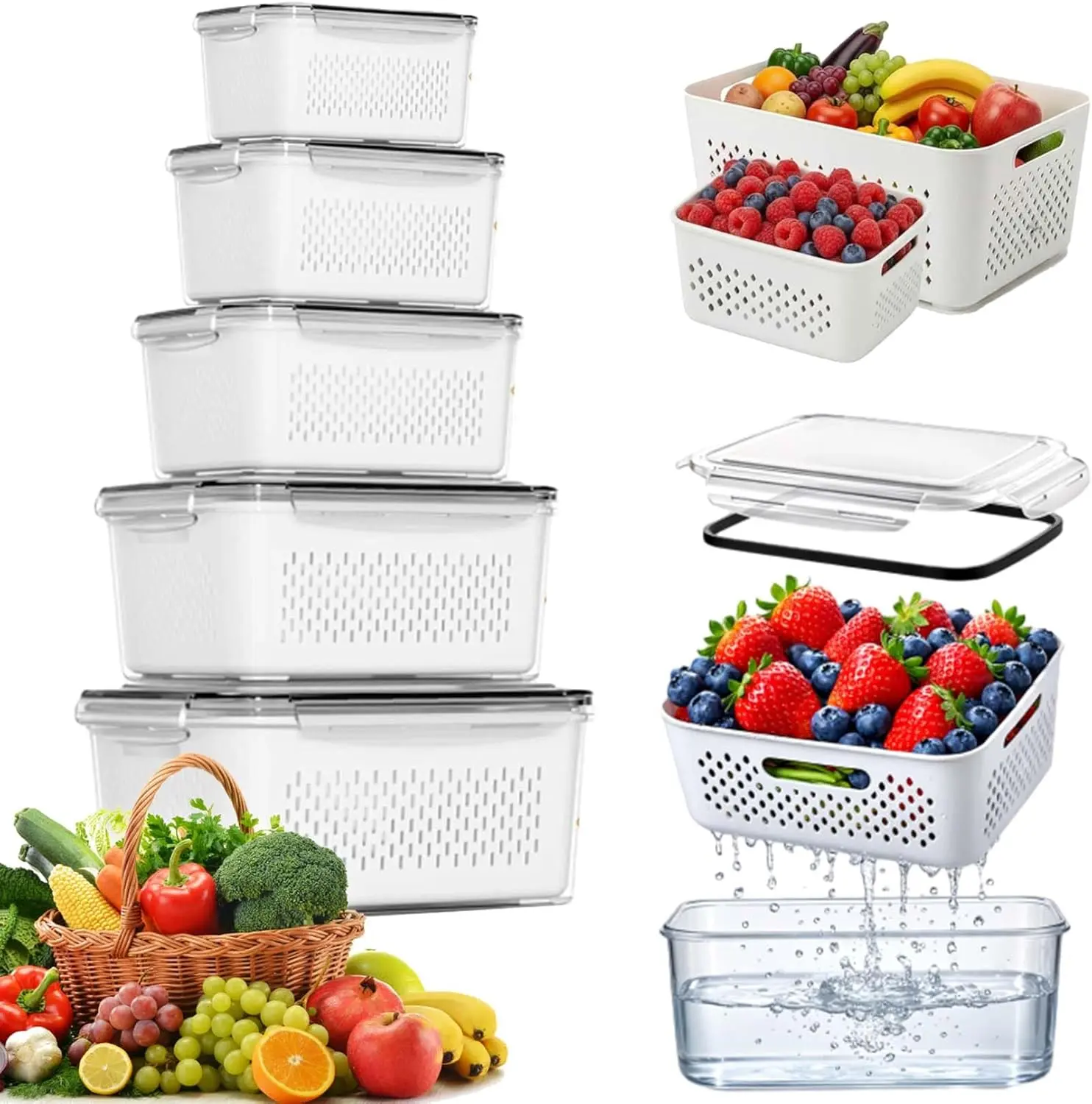 5 Pcs Fridge Fruit Storage Containers With Removable Baskets, Fridge Fruit Containers With Lids, Leak-Proof Food Storage Containers Suitable For Storing Salads, Berries, Vegetables And Meat In The Fridge.