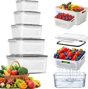 5 Pcs Fridge Fruit Storage Containers With Removable Baskets, Fridge Fruit Containers With Lids, Leak-Proof Food Storage Containers Suitable For Storing Salads, Berries, Vegetables And Meat In The Fridge.