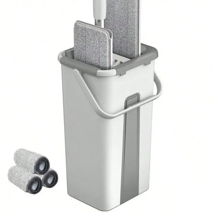 Upgraded 1-Piece Mop & Bucket Set with Flattened Cleaning System - Dual-Use Wet/Dry Lightweight Scrubber for Kitchens/Bath, Durable Home Care Supplies (Bucket+Cloths, Mop + 2 Cloths), Wet/Dry Clean
