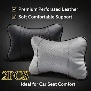 2pcs Black & Gray Car Neck Pillow Set, Soft PU Leather Headrest Cushion, Breathable Perforated Design, Comfortable Support for Driving, Universal Auto Seat Neck Support Pillow